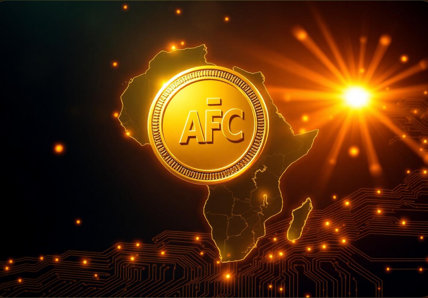 Token Africash AFC sur une carte de l'Afrique illuminée